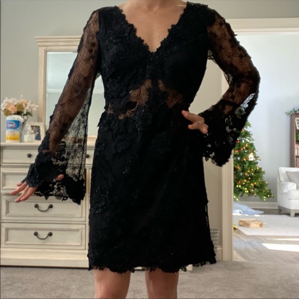 Black Jovani bell sleeve sheer lace beaded mini dress